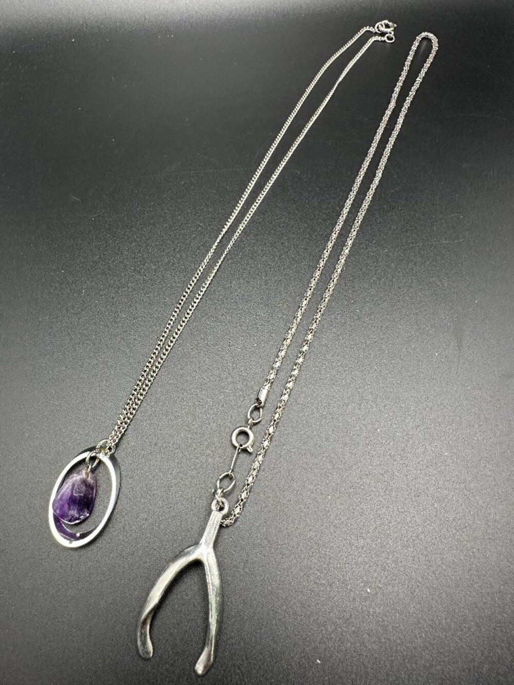 Lot of 2 Silver Tone Pendant Necklaces Purple Stone & Wishbone Charm
